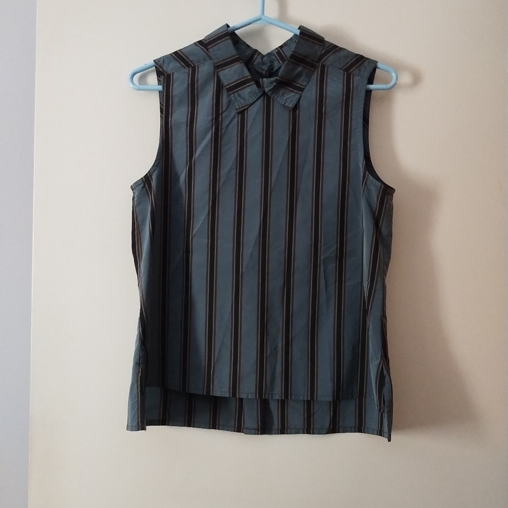 RUNDHOLZ Blue Striped Sleeveless Button Back Collared Blouse XS